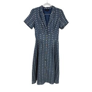 FORE Button Front Midi Dress Women Medium Blue Cotton Floral Embroidered Country